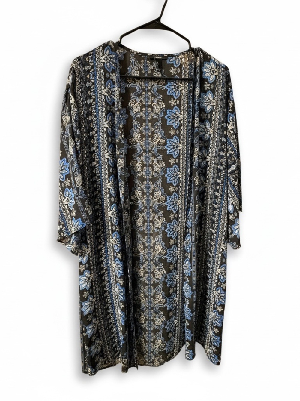 Forever 21 Boho Black & Blue Floral Open-Front Kimono Duster Cardigan me